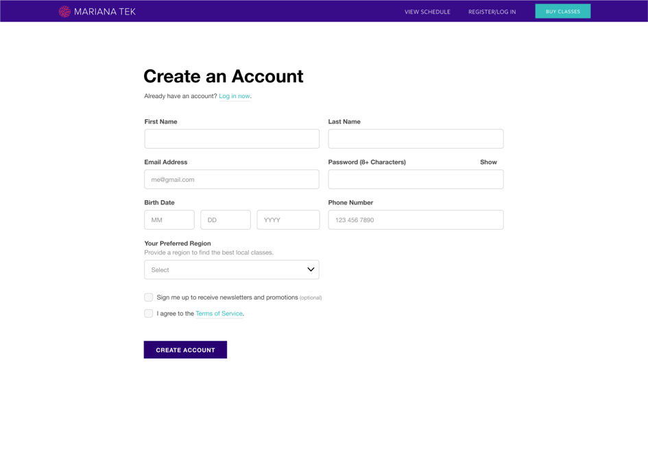 Create an account page