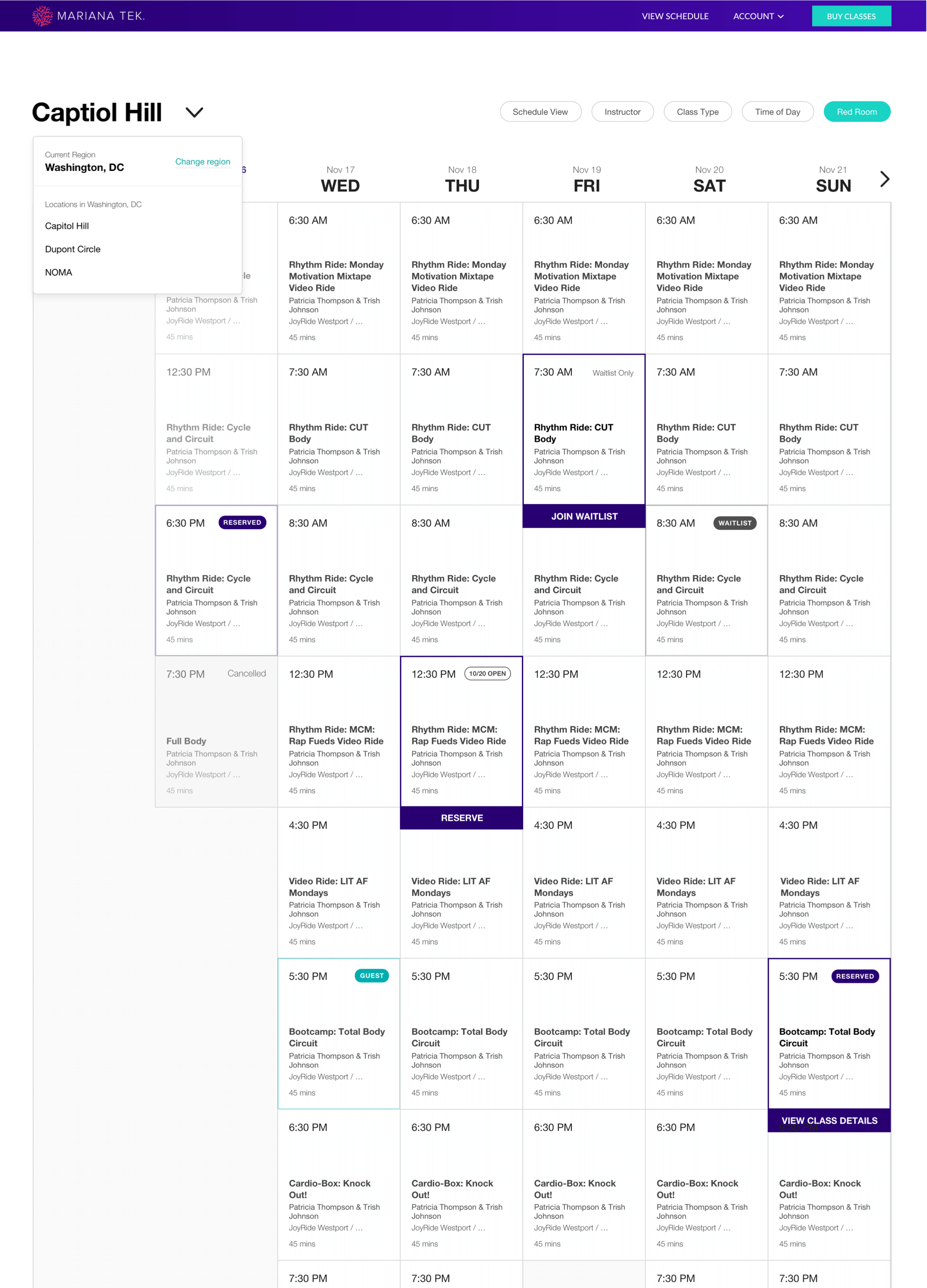 week view of classes