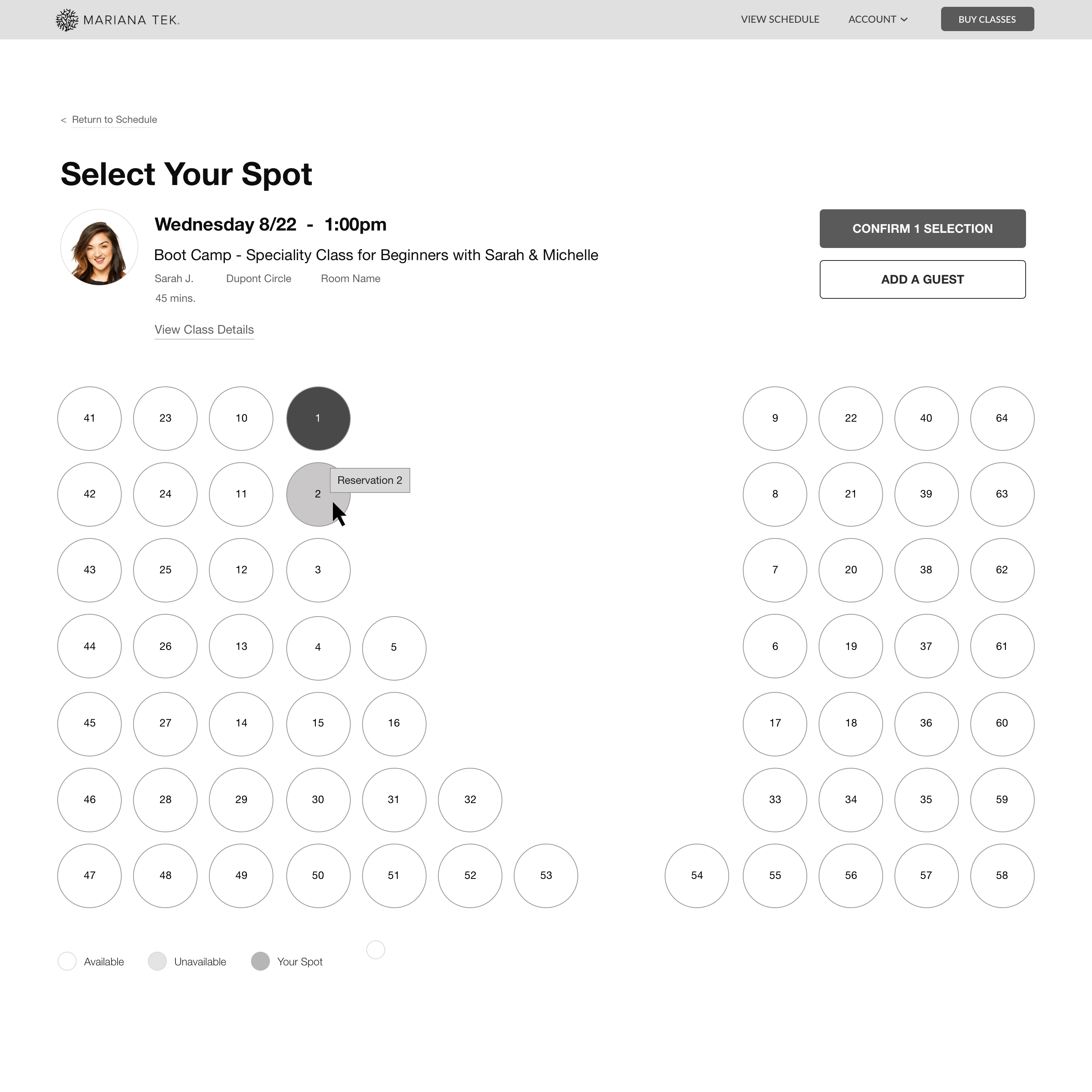 Wireframe - picking a spot in class for a guest