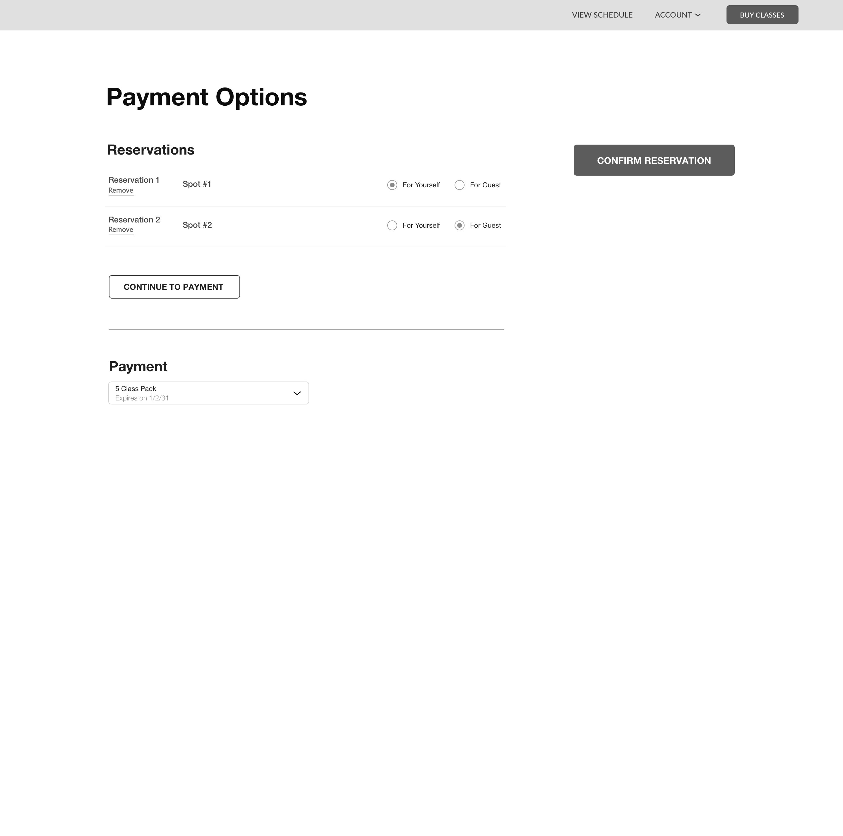 Wireframe - payment options page with valid payment