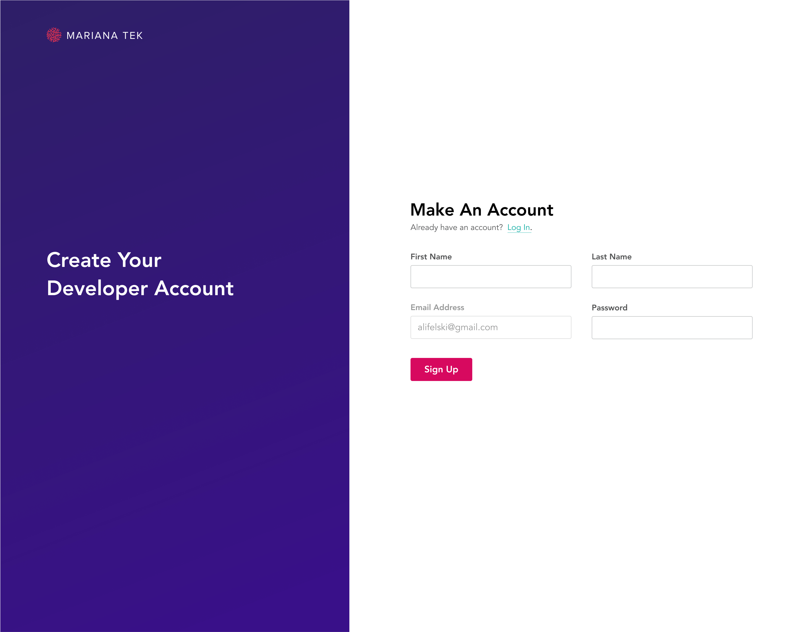 Developer Portal create account page