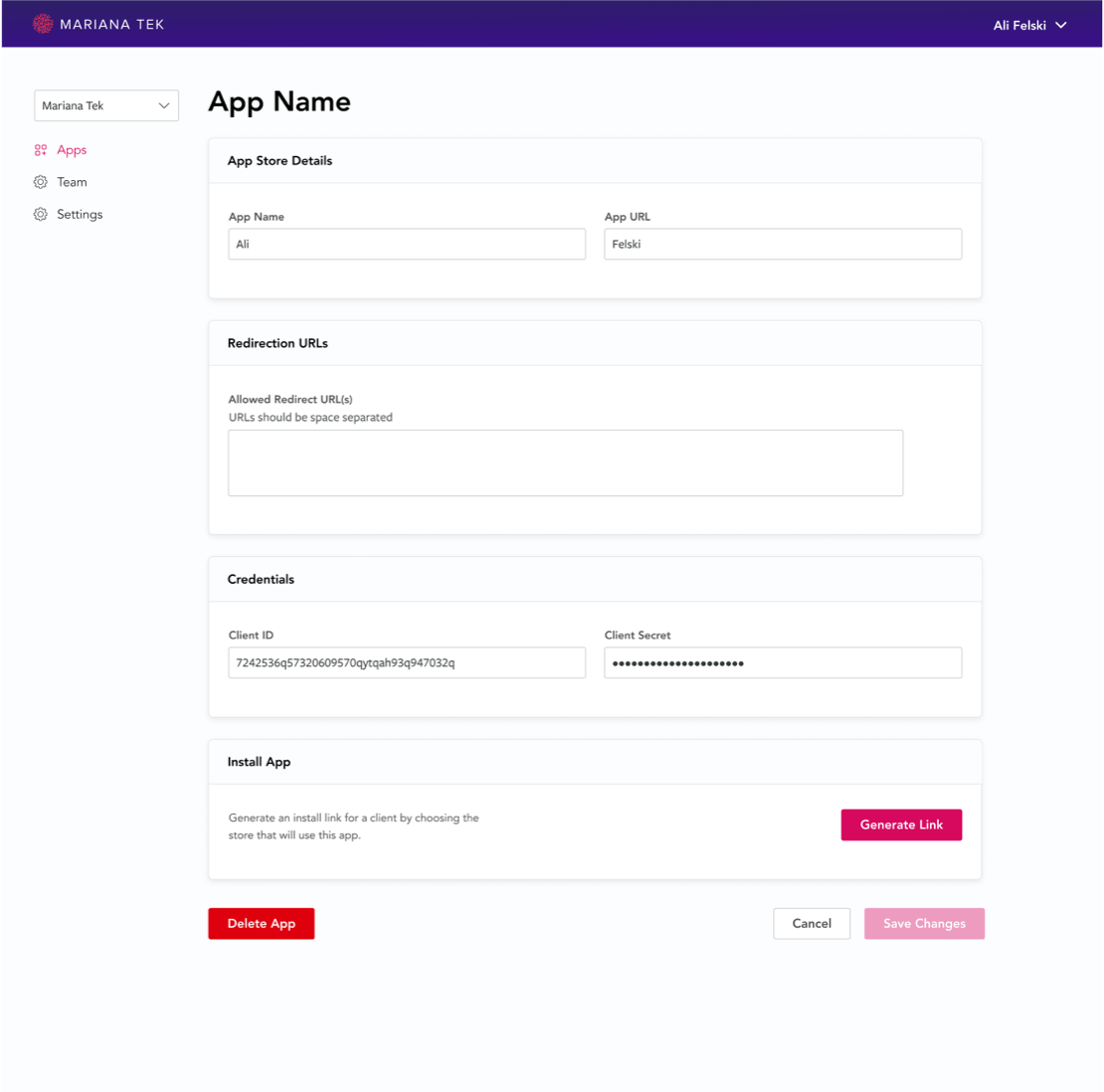 Developer Portal create apps page