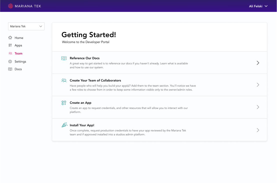 Developer Portal getting started page